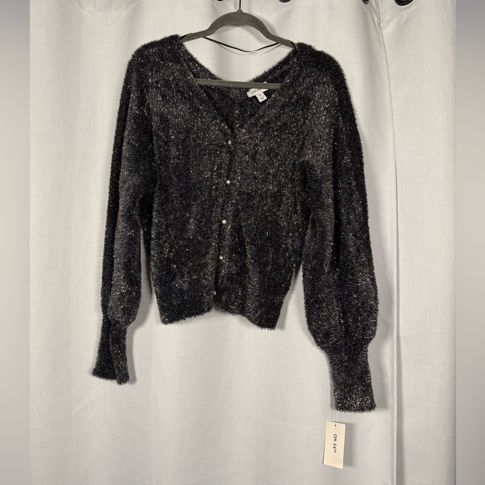 On 34th Grey and Gold Metallic Plush Knit Cardigan Size Medium - Picture 3 of 11